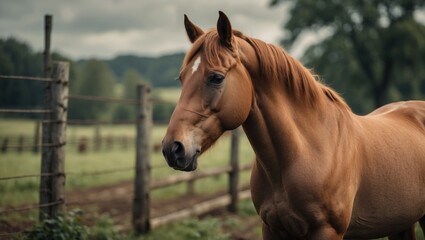 Naklejka premium Light-brown horse in the pasture on a summer day.