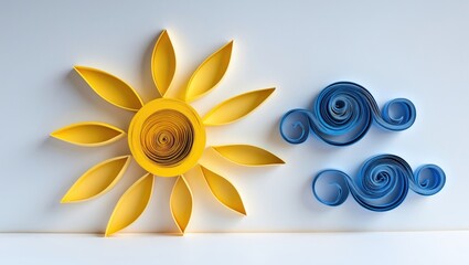 New title: "Paper sun with clouds against a white background. Crafted using paper quilling technique."