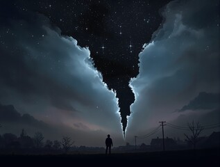 A person stands at the edge of a town where the sky has a fracture leading to an unknown void, merging small-town mystery with cosmic horror as reality itself begins to tear apart