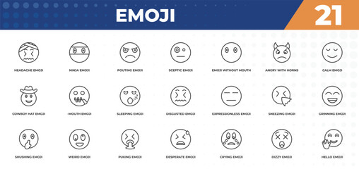 outline icons set - emoji concept. headache emoji, ninja emoji and more.