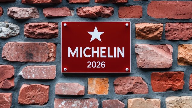 Red star Michelin Guide sign with logo brand displayed on a good restaurant wall building.