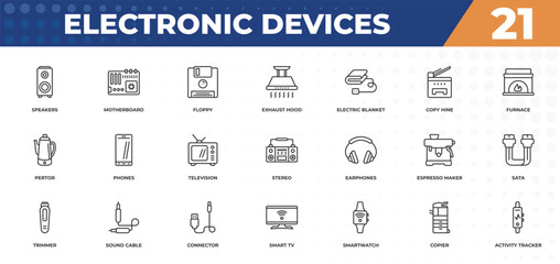 outline icons set - electronic devices concept. speakers, motherboard and more.
