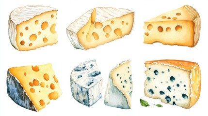 Illustration of types of cheese on white background
