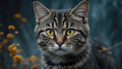 Fototapeta premium Portrait of a young tabby cat featuring yellow eyes