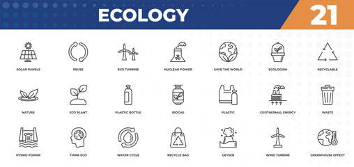 outline icons set - ecology concept. solar panels, reuse and more.
