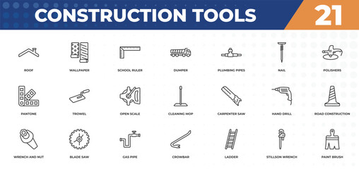 outline icons set - construction tools concept. roof, wallpaper and more.