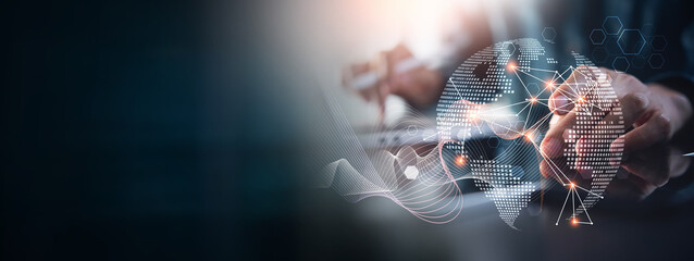 Abstract technology background, internet global network connection, digital transformation concept. Using digital tablet with big data and networking, data science, futuristic, innovative technology