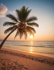 Obraz premium sunset beach. Palm trees over calm sea water, sun rays, colorful sky. Exotic nature view, inspirational and peaceful seascape reflection,summer, beach, palm, sea, ocean, sky, background, sun, travel,3
