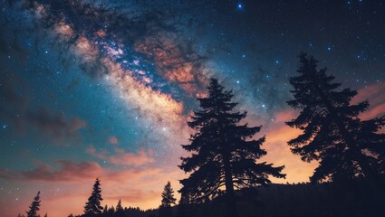 Fototapeta premium Panorama of pine tree silhouettes against the Milky Way in a starry night sky.