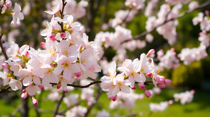 Blossoms in full bloom, soft sunlight, tranquil garden, early spring
