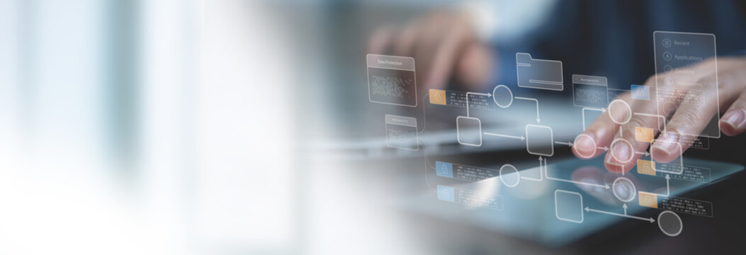 Document management system DMS, Enterprise content management, Businessman working on laptop computer with digital document and flowchart, managing files data, workflow for business development - Powered by Adobe