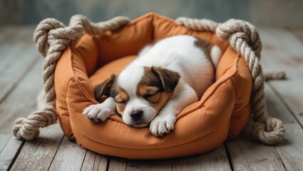 Little puppy resting at home on the bed. Small dog sleeping at home.