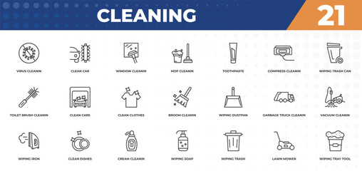 outline icons set - cleaning concept. virus cleanin, clean car and more.