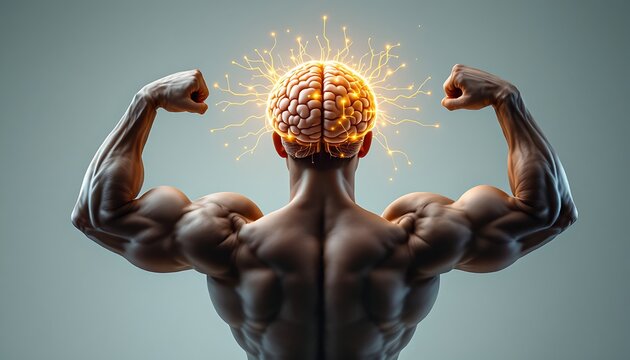 Muscular Man Flexing with Glowing Brain Represents Power and Intelligence