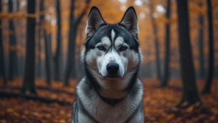 Obraz premium Portrait of a husky amidst an autumn forest.