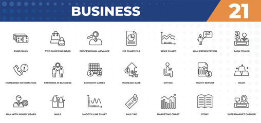 Obraz premium outline icons set - business concept. euro bills, two shopping bags and more.