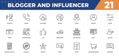outline icons set - blogger and influencer concept. vlogger, phone and more.