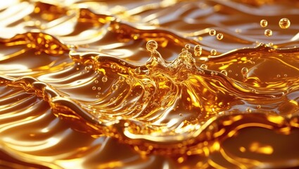 Liquid golden splash texture, abstract background of beverages.