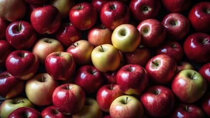 Abundant red apples. Delicious and juicy. Apple background. High-quality photograph.