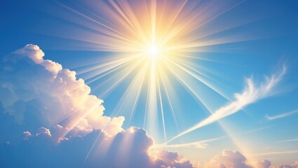Miraculous Heavenly Light - A blue sky filled with fluffy clouds and a radiant sun shining down, depicting a divine presence.