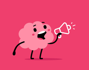 Vector communication illustration of cute happy brain with loudspeaker on pink color background. Flat doodle style cartoon design of smile lead brain character speak or scream into megaphone