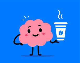 Vector cartoon illustration of cute happy brain hold hot coffee cup with steam on color background. Flat doodle style design of smile brain character love coffee break energy