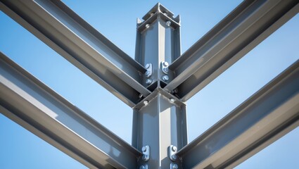 Obraz premium Mounting bolted connection of steel beams prior to welding. Metal construction coated with protective gray primer. Close-up.