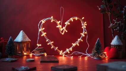 Banner or poster featuring a cheerful theme with a heart crafted from LED string lights on a red background. Advertising and shopping template with a thematic design.
