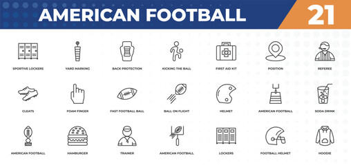 outline icons set - american football concept. sportive lockers, yard marking and more.