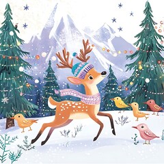 Fototapeta premium there is a deer and birds in the snow with a mountain in the background