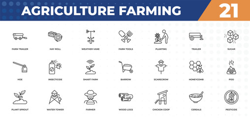 outline icons set - agriculture farming concept. farm trailer, hay roll and more. © IconArt