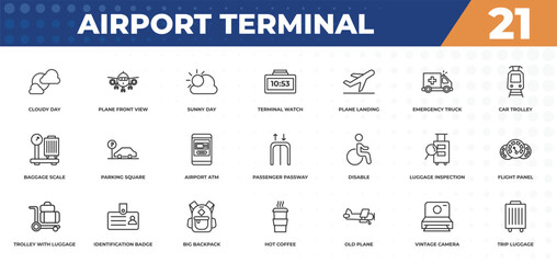 outline icons set - airport terminal concept. cloudy day, plane front view and more.