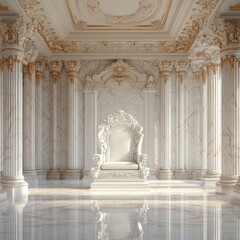 Naklejka premium Grand throne room with marble columns and intricate gold details evoking opulence and royal power in a bright setting with a low angle shot