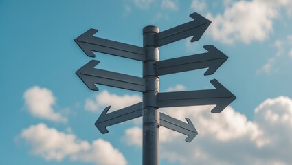 Pointers on a post with arrows pointing in various directions against the sky. Signs of the way set against a background of the sky.