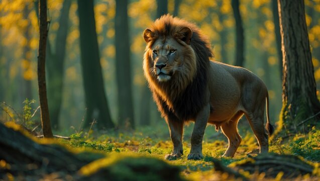 lion wild boar mating in the forest