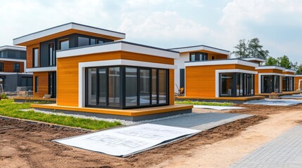 Modern Orange and Gray Houses under Construction