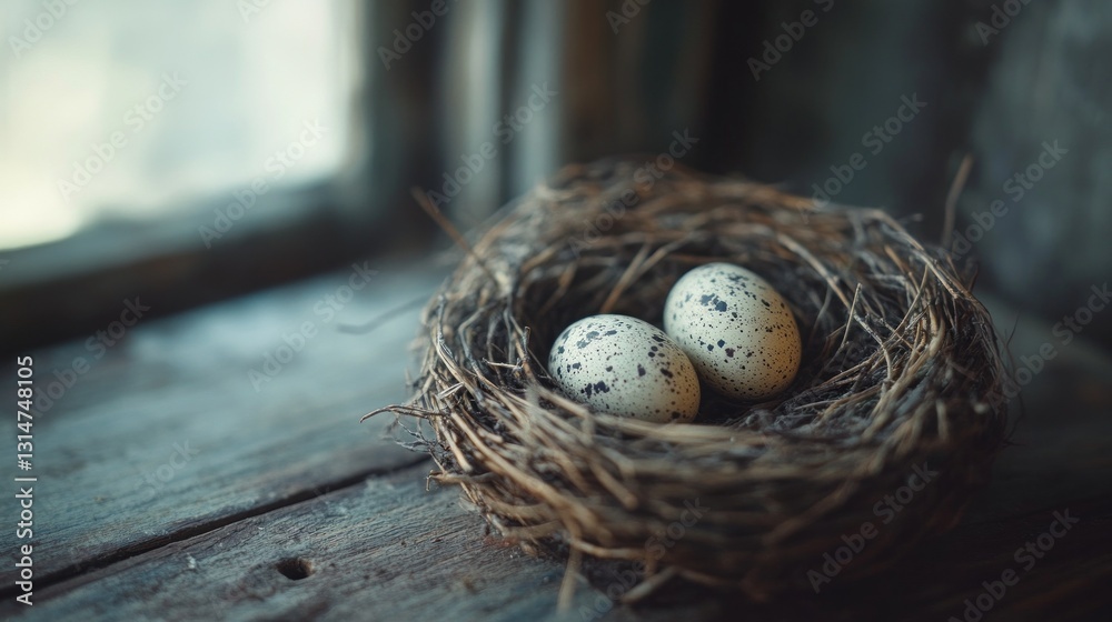 Aufkleber two beautiful speckled eggs lay gently nestled in a handcrafted nest made of twigs, bathed in warm s