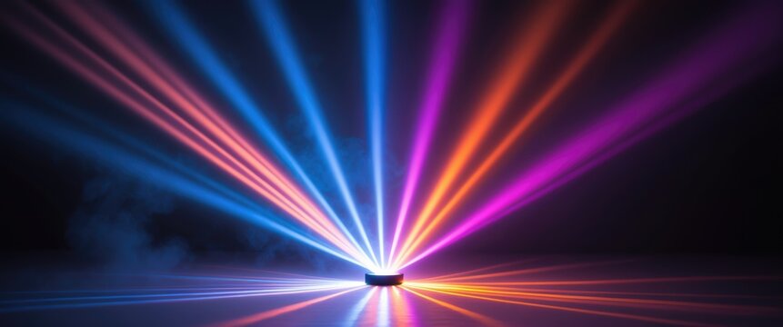 beautiful multicolor spotlight wide lens projector emitting light beams for multimedia in the evening. abstract smoke texture. projection against a black background.