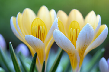 Fototapeta premium Close-up photo of bright yellow crocus flowers with delicate curved petals and yellow centers against a blurred green background,