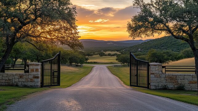 Sunset at the Ranch Entrance: A Texas Hill Country Oasis