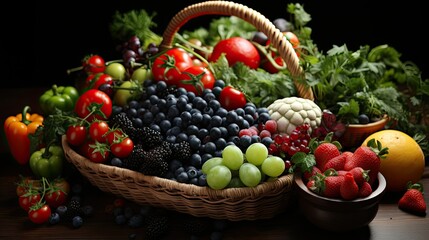 organic vegetables and fruits in wicker basket