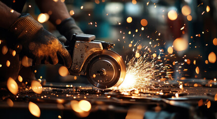 A skilled craftsman uses an angle grinder to cut metal, creating vibrant sparks that illuminate the workshop. The atmosphere is filled with energy and focus