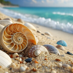 A beautifully detailed nautilus shell among other seashells on a sunlit beach, with turquoise ocean waves gently rolling in the distance under a partly cloudy sky.