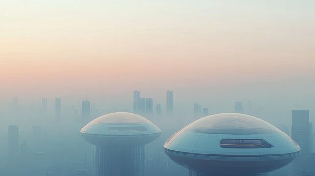 Futuristic cityscape features sleek, hovering structures amidst