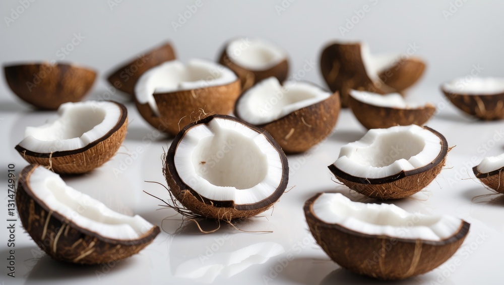 Poster falling coconut, set against a white background, featuring full depth of field and selective focus.