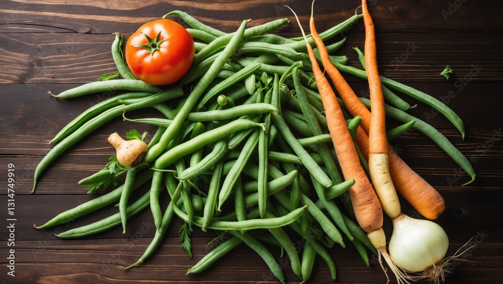 Poster freshly picked vegetables arranged in a flat lay on a dark wooden table.