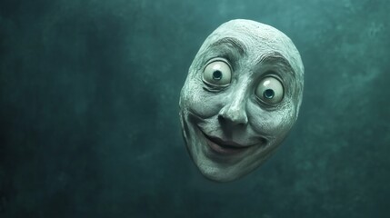 Creepy smiling face floating in a dark green room