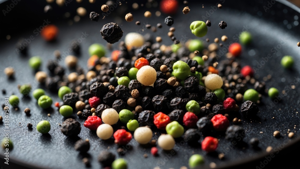 Poster colorful fragrant pepper seeds fall and bounce within a pan. homegrown aromatic spices and herbs jum