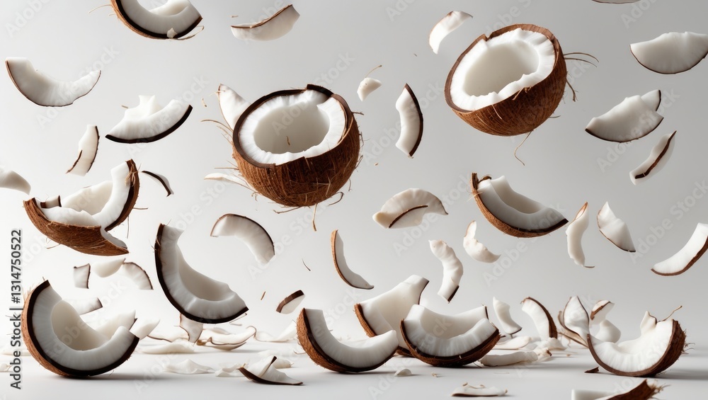 Poster falling coconut, set against a white background, with full depth of field and a clipping path.