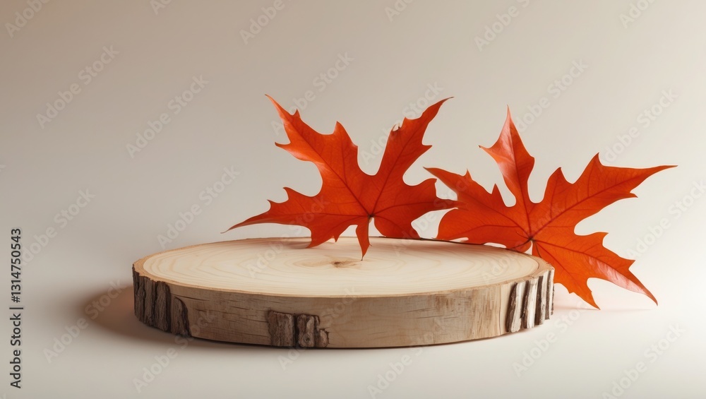 Poster empty wooden product podium with autumn leaves in the background. podium for product display, fall c